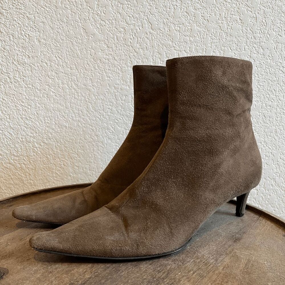 Escada Brown Suede Side-Zip Heeled Ankle Short Booties Women's Size 38 US 7.5